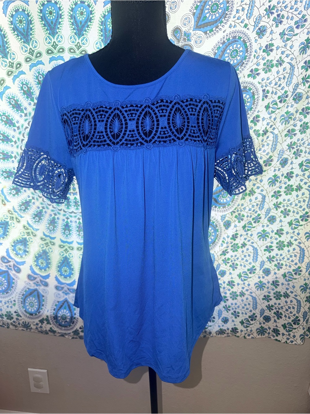 Blue Soft Crochet Yoke Short Sleeve Women’s Top